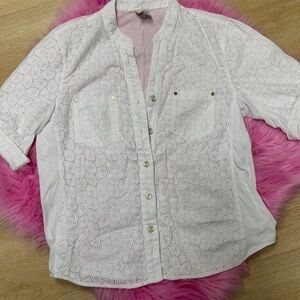 Anne Klein White Lace Cotton short sleeve button down Blouse PL